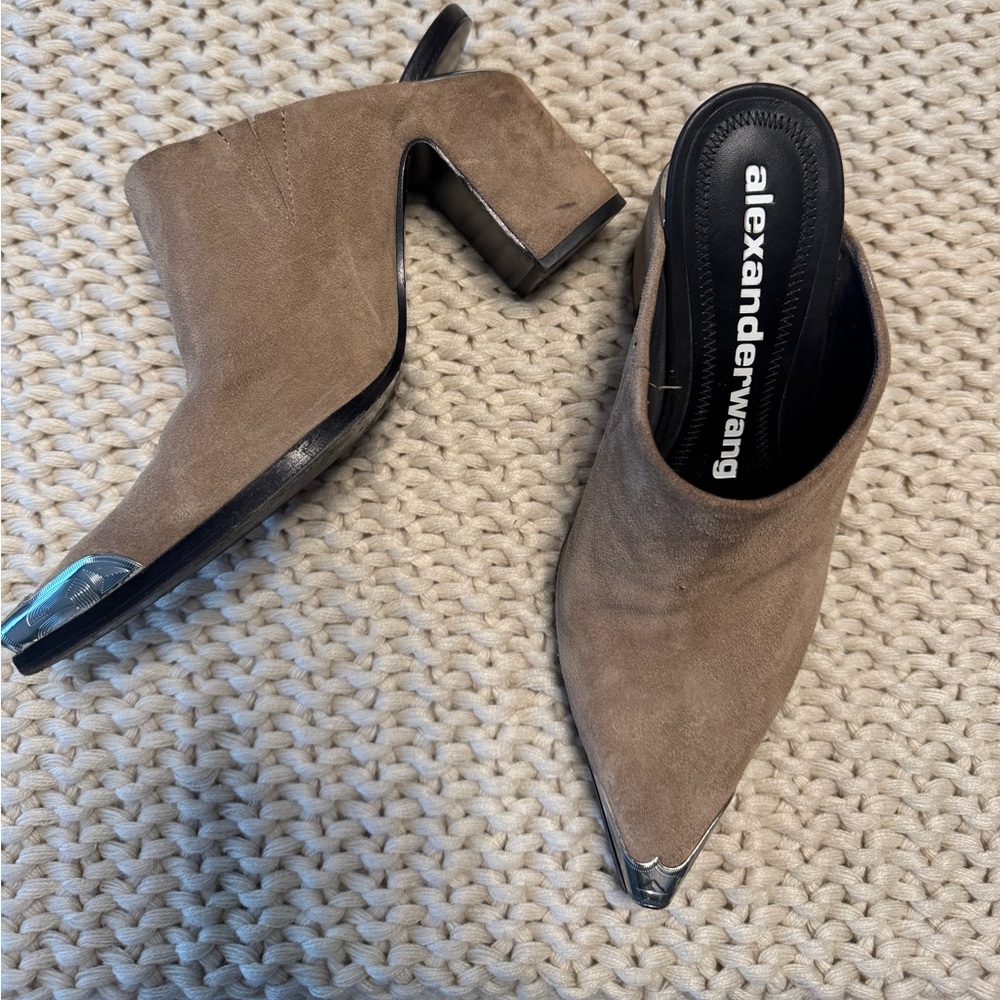 Alexander Wang Taupe Suede Pointed Toe Mules with Silver Toe Cap